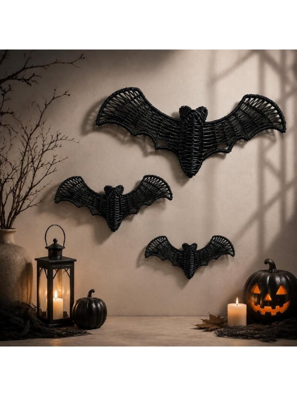3 Pcs Halloween Woven Rattan Bat Decor - 13.8/11.8/9.8 Inch Sizes, Spooky Home